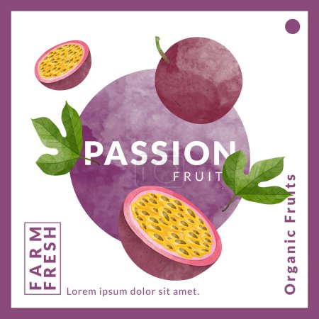 Téléchargez les illustrations : Passion fruit packaging design templates, watercolour style vector illustration. - en licence libre de droit