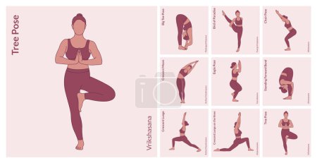 Yoga Workout Set vorhanden. Junge Frau praktiziert Yoga-Posen. Frau trainiert Fitness, Aerobic und Übungen.