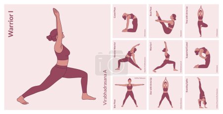 Téléchargez les illustrations : Ensemble d'entraînement de yoga. Jeune femme pratiquant des poses de yoga. Entraînement pour femme fitness, aérobic et exercices. - en licence libre de droit