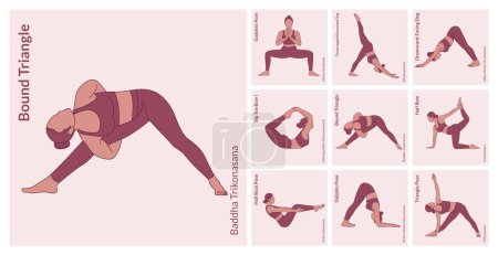 Ilustración de Conjunto de ejercicios de yoga. Mujer joven practicando Yoga posa. Entrenamiento de mujer fitness, aeróbico y ejercicios. - Imagen libre de derechos