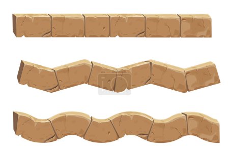 Ilustración de Ladrillo de piedra, cerca antigua sin costuras frontera en estilo de dibujos animados, aislado sobre fondo blanco. Decoración del juego. Ilustración vectorial - Imagen libre de derechos