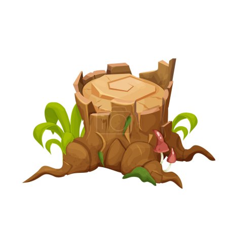 Illustration for Stump of tree, detailed drawing with grass, moss and mushrooms in cartoon style isometric isolated on white background. Log, outdoor forest chopped wooden material. Textured clip art stock. . Vector - Royalty Free Image
