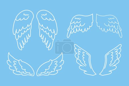 Téléchargez les illustrations : Set ailes d'ange contour de couleur blanche dans le style de dessin animé isolé sur fond bleu, élément de conception pour la décoration. Illustration vectorielle - en licence libre de droit