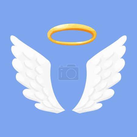 Angel wings white with halo, nimbus in cartoon style isolated on blue background, design element for decoration. Vector illustration