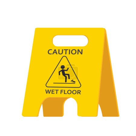 Wet floor caution warning sign, yellow symbol isolated on white background.Public warning yellow symbol clip art. Slippery surface beware plastic board. Vector illustration