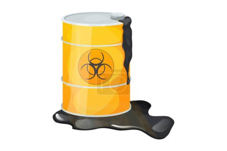 Illustration for Metal barrel toxic, dangerous sign with liquid around, waste, pollution in cartoon style isolated on white background. Radioactive, flammable material. Vector illustration - Royalty Free Image