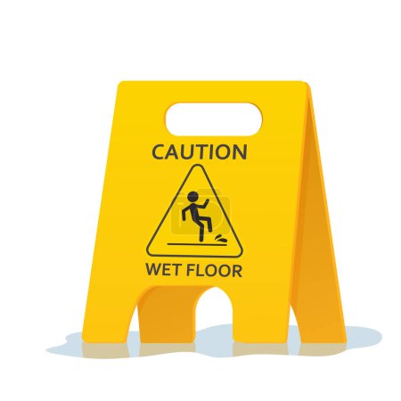 Illustration for Wet floor caution warning sign, yellow symbol with water isolated on white background.Public warning yellow symbol clip art. Slippery surface beware plastic board. Vector illustration - Royalty Free Image