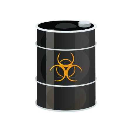 Illustration for Metal black barrel toxic, radioactive dangerous sign in cartoon style isolated on white background. Radioactive, flammable. Vector illustration - Royalty Free Image