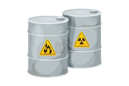 Illustration for Set Metal gray old barrel flammable, dangerous sign in cartoon style isolated on white background. . Vector illustration - Royalty Free Image