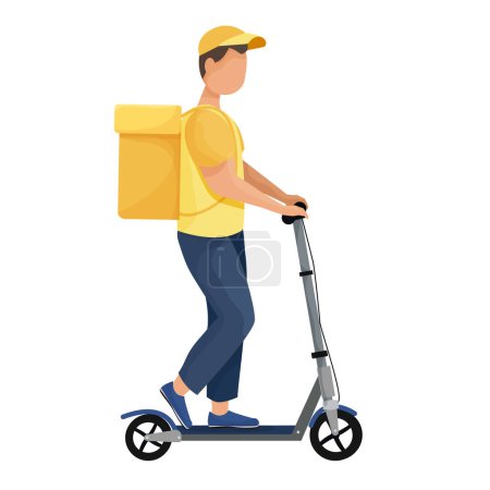Courier, delivery man with bag on electric scouter in cartoon style isolated on white background. Vector illustration