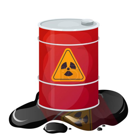 Illustration for Metal red barrel toxic, dangerous sign with liquid around, waste, pollution in cartoon style isolated on white background. Radioactive, flammable material. Vector illustration - Royalty Free Image