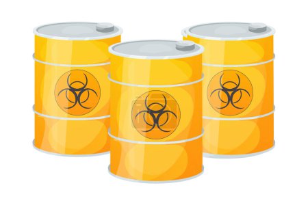 Illustration for Set Metal yellow barrel toxic, dangerous sign in cartoon style isolated on white background. Radioactive, flammable. Vector illustration - Royalty Free Image
