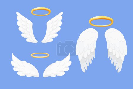 Set Angel wings white with halo, nimbus in cartoon style isolated on blue background, collection design element for decoration. Vector illustration