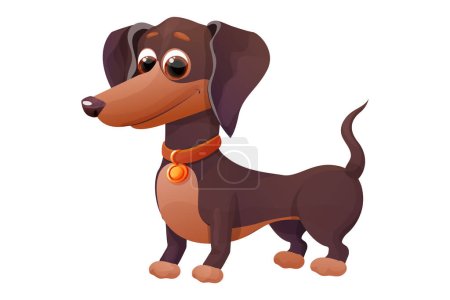 Ilustración de Lindo cachorro salchicha, de pie y sonriendo en estilo de dibujos animados, personaje mascota brillante aislado sobre fondo blanco. Ilustración vectorial - Imagen libre de derechos