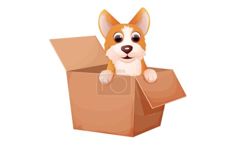 Corgi niedliches Haustier, Welpe in der Box, Tierkonzept übernehmen, obdachlose Figur im Cartoon-Stil isoliert auf weißem Hintergrund. Vektorillustration
