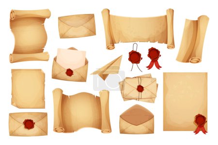 Illustration for Set vintage magic envelope, letters, parchment paper, scroll with red wax seal in cartoon style isolated on white background. Old grunge paper,textured. Antique mail, correspondence. Vector - Royalty Free Image