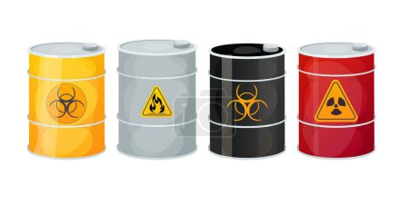 Illustration for Set Metal barrels with toxic, dangerous signs in cartoon style isolated on white background. Radioactive, flammable. Vector illustration - Royalty Free Image