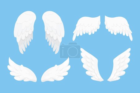 Téléchargez les illustrations : Set ailes d'ange blanc dans le style de dessin animé isolé sur fond bleu, élément de conception pour la décoration. Illustration vectorielle - en licence libre de droit