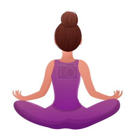 Ilustración de Personaje femenino de meditación sentado en pose de loto, vista posterior en estilo de dibujos animados aislados sobre fondo blanco. Ilustración vectorial - Imagen libre de derechos