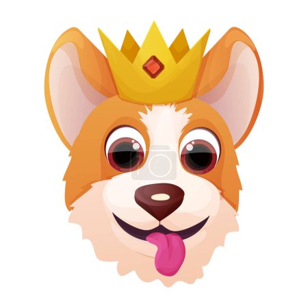 Illustration for Cute royal corgi head with crown , adorable pet in cartoon style isolated on white background. Comic emotional character, funny pose. Vector illustration - Royalty Free Image