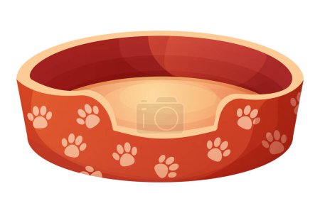 Illustration for Cute dog or cat bed decorated with paw pattern in cartoon style isolated on white background. Pet accessory, comfortable crib, basket for rest. Vector illustration - Royalty Free Image