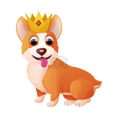 Illustration for Cute royal corgi dog with crown sitting, adorable pet in cartoon style isolated on white background. Comic emotional character, funny pose. Vector illustration - Royalty Free Image