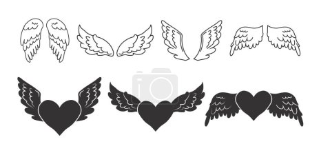 Téléchargez les illustrations : Set ailes d'ange avec coeur, contour et silhouette en style dessin animé isolé sur fond bleu, élément design pour la décoration. Illustration vectorielle - en licence libre de droit