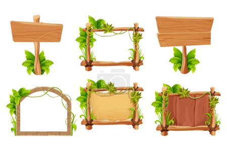 Illustration for Set frame from sticks, wooden planks, stone bricks with grass and liana, jungle leaves in comic cartoon style isolated on white background. Border, jungle panel textured and detailed. Game asset, menu - Royalty Free Image