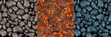 Ilustración de Lava, magma con piedras en estilo de dibujos animados sin costuras fondo patrón. Efecto erupción, paisaje. Textura, diseño. Ilustración vectorial - Imagen libre de derechos