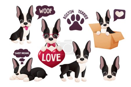 Illustration for Set Cute Boston terrier stickers, cool sweet puppy in cartoon style isolated on white background. Cute dog, print design. Vector illustration - Royalty Free Image