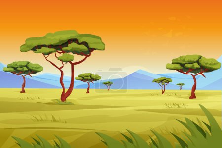 Ilustración de Africa Savannah paisaje, safari con hierba, árboles, montañas, escena caliente de verano, naturaleza salvaje en estilo de dibujos animados. Ilustración vectorial - Imagen libre de derechos
