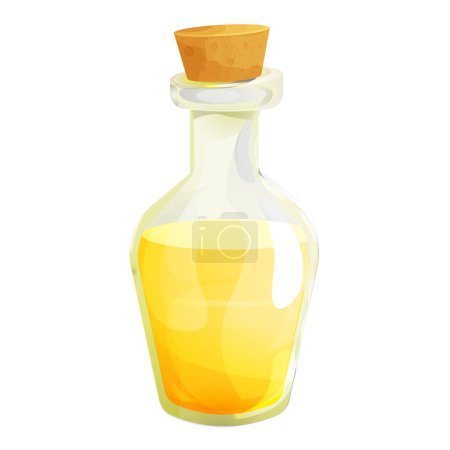 Illustration for Vinegar in glass bottle with cork in cartoon style isolated on white background. Apple, wine liquid, dressing. Vector illustration - Royalty Free Image