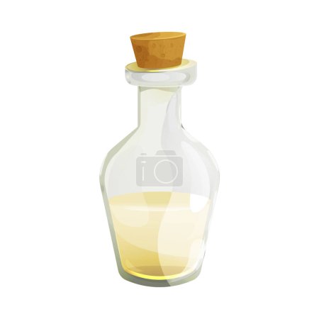 Illustration for Vinegar in glass bottle with cork in cartoon style isolated on white background. Apple, wine liquid, dressing. Vector illustration - Royalty Free Image