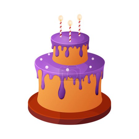 Téléchargez les illustrations : Birthday cake on wooden plate with cream, drip, candles, anniversary desert in cartoon style isolated on white background. Vector illustration - en licence libre de droit