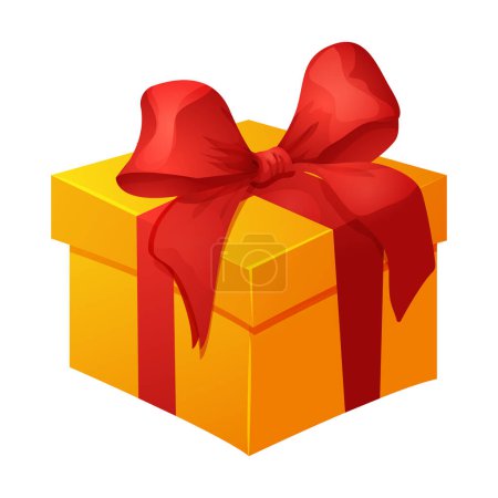 Illustration for Present box with red bow, ribbon cute gift with wrapped paper, surprise in cartoon style isolated on white background. Vector illustration - Royalty Free Image