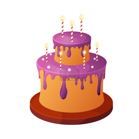 Téléchargez les illustrations : Birthday cake on wooden plate with pink cream, drip, candles, anniversary desert in cartoon style isolated on white background. Vector illustration - en licence libre de droit