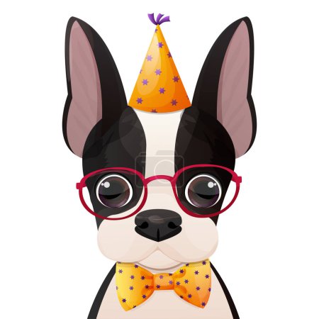 Illustration for Birthday greeting Boston terrier portrait in hat, glasses with tie bow in cartoon style isolated on white background. . Vector illustration - Royalty Free Image
