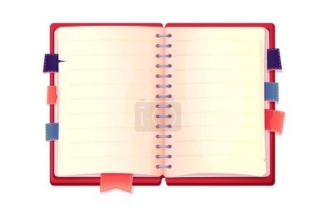 Téléchargez les illustrations : Diary, note book in cartoon style top view isolated on white background. Book with bookmarks and spiral, daily planner. Vector illustration - en licence libre de droit