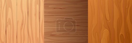 Téléchargez les illustrations : Set wooden material, textured surface wood comic background in cartoon style. Wall, panel for game, ui design. Vector illustration - en licence libre de droit