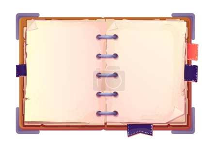 Téléchargez les illustrations : Diary, note book in cartoon style top view isolated on white background. Book with bookmarks and spiral, daily planner. Vector illustration - en licence libre de droit
