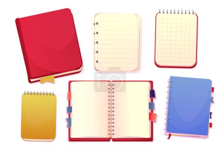Ilustración de Set diary, note book in cartoon style top view, open, closed isolated on white background. Books with bookmarks and spiral, daily planner. Vector illustration - Imagen libre de derechos
