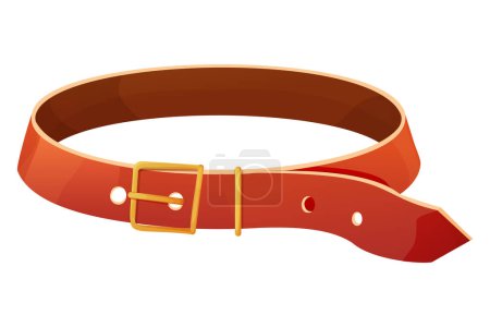 Leather pet collar red color, belt with gold elements in cartoon style isolated on white background. Vector illustration