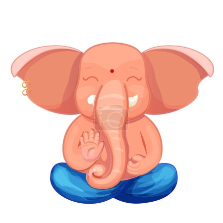 Ilustración de Poco lindo Ganesh, religiosa tradicional dios elefante color azul en personaje de dibujos animados aislados sobre fondo blanco. Ilustración vectorial - Imagen libre de derechos