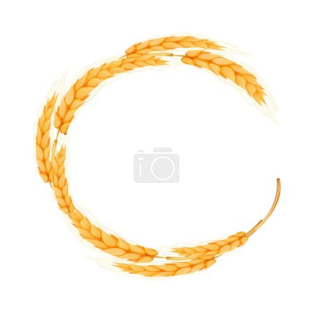 Téléchargez les illustrations : Wreath from spikelet, golden color wheat round frame in cartoon style isolated on white background. For bakery, tags or labels. Vector illustration - en licence libre de droit
