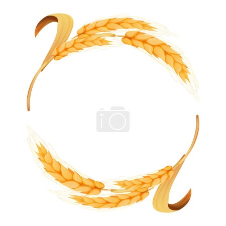 Téléchargez les illustrations : Wreath from spikelet, golden color wheat round frame in cartoon style isolated on white background. For bakery, tags or labels. Vector illustration - en licence libre de droit