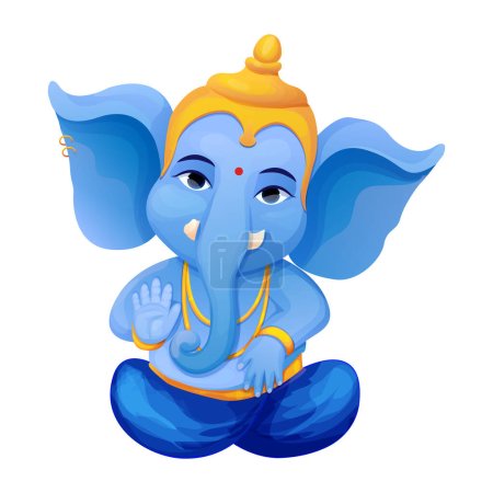 Little cute Ganesh, religious traditional god elephant blue color in cartoon character isolated on white background. Vector illustration