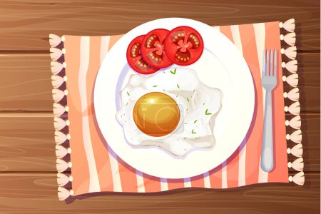 Ilustración de Huevo y tomates fritos en plato, cocina vista de mesa de madera decorada con mantel en estilo de dibujos animados. Comida de mañana. Ilustración vectorial - Imagen libre de derechos