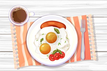 Illustration for Brakfast with coffee Egg and tomatos and sauseges fried on plate, kitchen wooden table top view decorated with tablecloth in cartoon style. Morning food. Vector illustration - Royalty Free Image