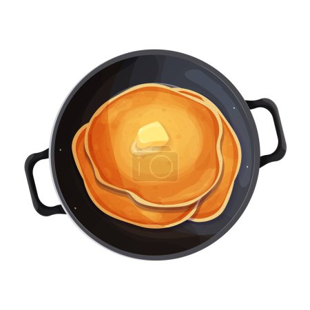 Panqueque vista superior con mantequilla en sartén, wok en estilo de dibujos animados aislados sobre fondo blanco. Postre circular, desayuno. .. Ilustración vectorial
