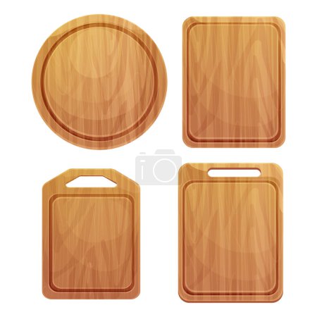 Set Cutting board wooden chopping desk top view in cartoon style isolated on white background. Wood shield, menu mockup. Vector illustration